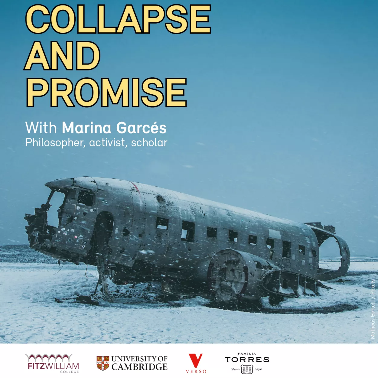 Poster for Gerhard Lecture - a shell of a plane against a snowy background